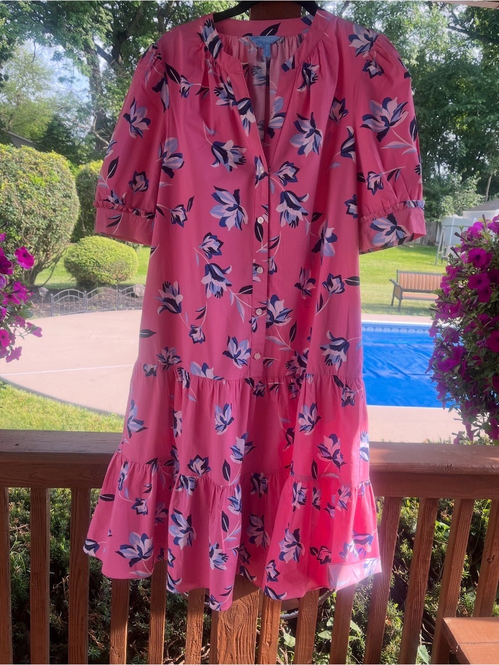 Draper James Coral Pink Floral Blouse with Blue Accents - Picture 2 of 4